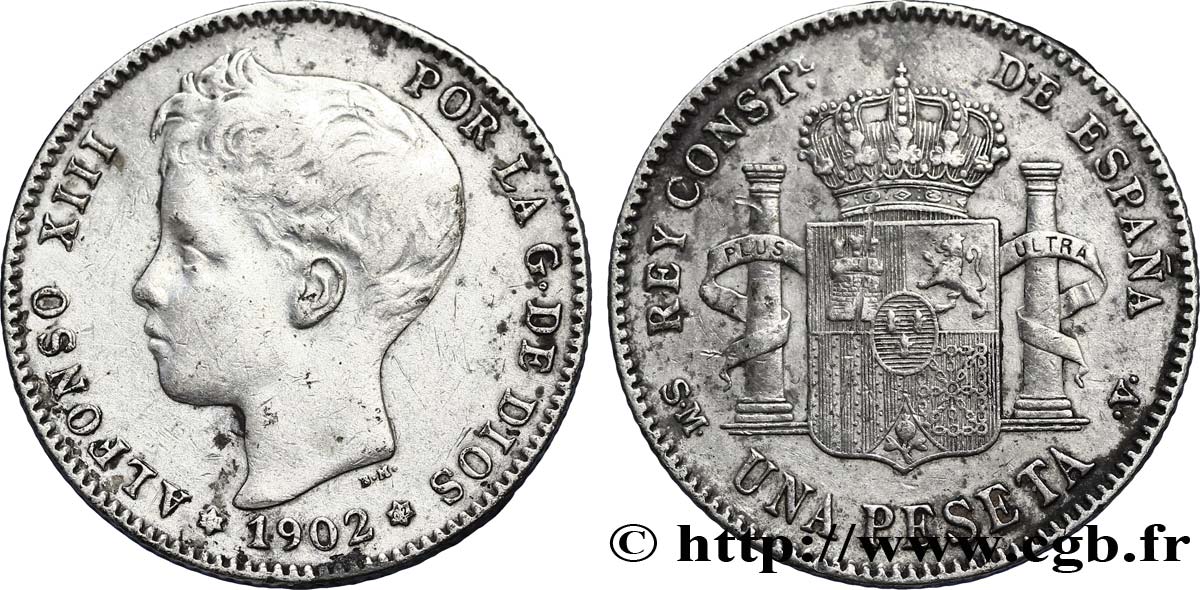 SPAIN 1 Peseta Alphonse XIII 3e type de buste / emblème couronné 1902 Madrid AU 