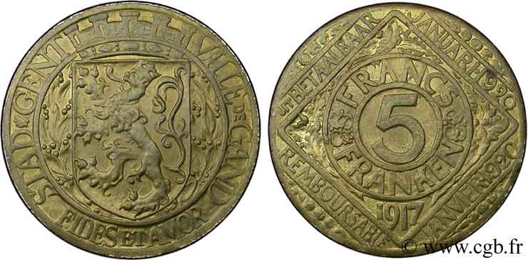 BELGIO 5 Francs ville de Gand occupée, lion de Flandres 1917  SPL 