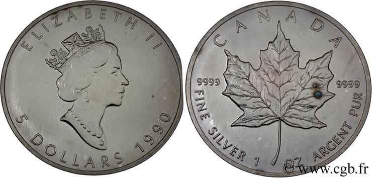CANADá
 5 Dollars (1 once) feuille d’érable / Elisabeth II 1990  FDC 
