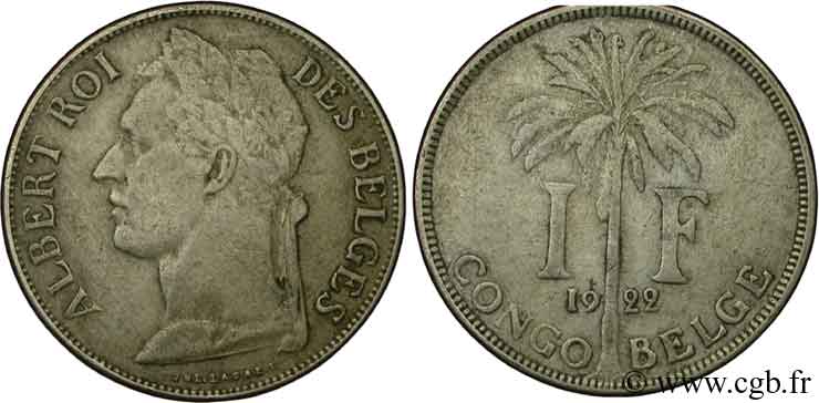 BELGIAN CONGO 1 Franc roi Albert légende française 1922  VF 