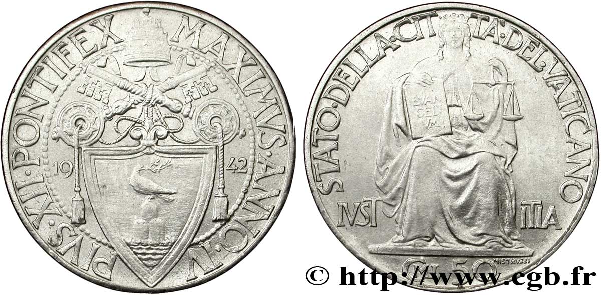 VATICAN AND PAPAL STATES 50 Centesimi armes du Vatican, pontificat de Pie XII 1942  MS 
