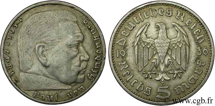 ALEMANIA 5 Reichsmark aigle / von Hindenburg 1936 Berlin MBC+ 