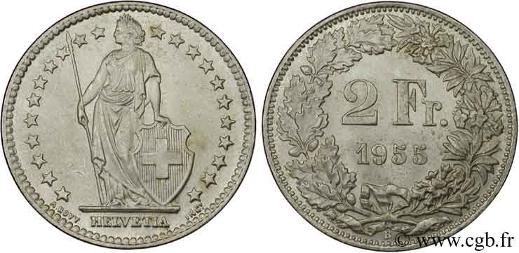 SCHWEIZ 2 Francs Helvetia 1955 Berne - B fST 