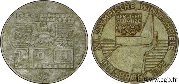 AUSTRIA 100 Schilling J.O. d’hiver d’Innsbruck 1976 - tremplin olympique, aigle de Hall 1974 Hall q.SPL 