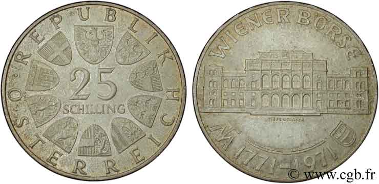 ÖSTERREICH 25 Schilling emblème / 200e anniversaire de la Bourse de Vienne 1971  VZ 