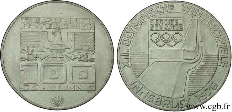 AUSTRIA 100 Schilling J.O. d’hiver d’Innsbruck 1976 - tremplin olympique, aigle de Hall 1976 Hall EBC 