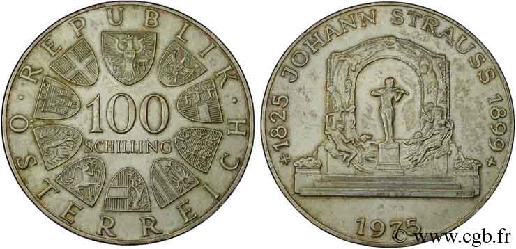 AUSTRIA 100 Schilling 150e anniversaire de la naissance de Johann Strauss 1975  EBC 