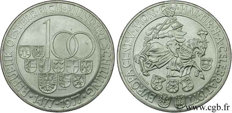 AUSTRIA 100 Schilling 500e anniversaire de l’atelier monétaire de Hall 1977  AU 