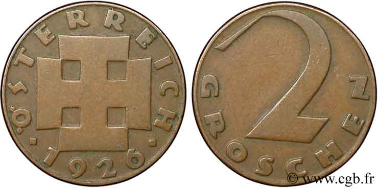 AUSTRIA 2 Groschen croix potencée 1926  XF 