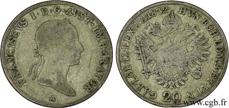 AUSTRIA 20 Kreuzer François Ier/ aigle bicéphale 1832 Vienne MB 