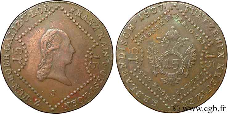 AUSTRIA 15 Kreuzer empereur François Ier / aigle bicéphale 1807 Schmollnitz - S BC 