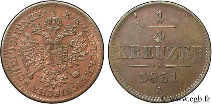 AUSTRIA 1/4 Kreuzer aigle bicéphale 1851 Vienne EBC 