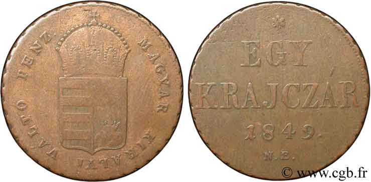 UNGARN 1 Krajczar monnayage de la guerre d’indépendance 1849  S 