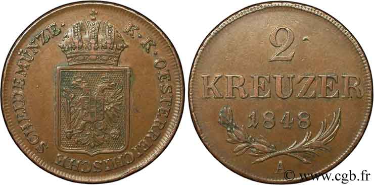 AUSTRIA 2 Kreuzer monnayage de la révolution de 1848-1849 1848 Vienne EBC 