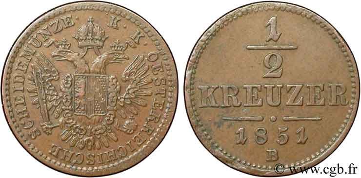 ÖSTERREICH 1/2 Kreuzer emblème 1851 Kremnitz - B VZ 