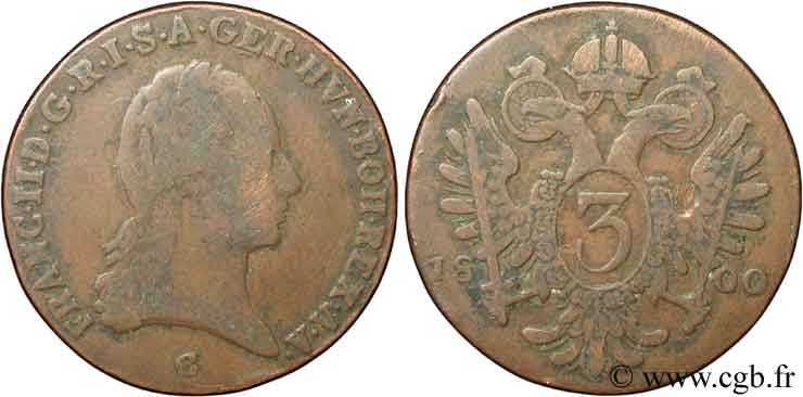 AUSTRIA 3 Kreuzer François II / aigle bicéphale 1800 Gunzburg - G BC 