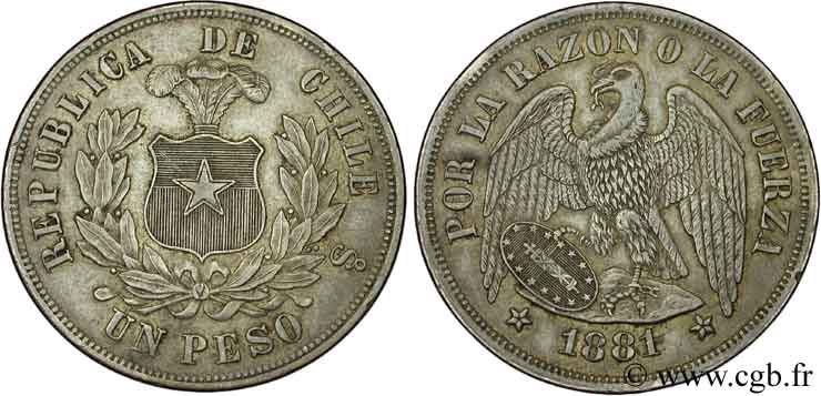 CHILE 1 Peso emblème / condor 1881 Santiago - S° AU 