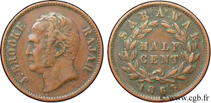 SARAWAK 1/2 Cent Sarawak Rajah J. Brooke 1863  fSS 