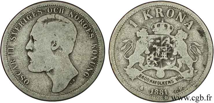 SUECIA 1 Krona Oscar II de Suède et de Norvège 1881  RC 