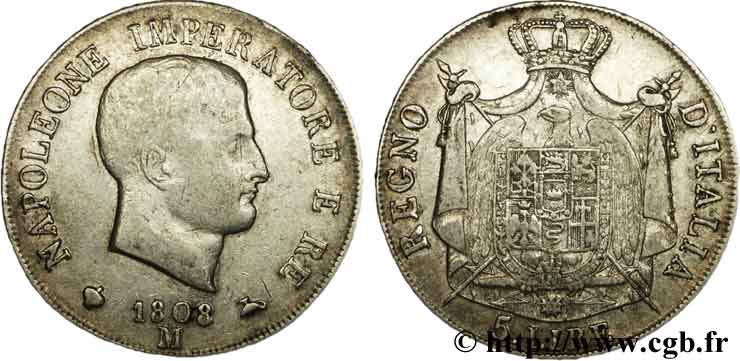 ITALIEN - Königreich Italien - NAPOLÉON I. 5 Lire Napoléon Empereur et Roi d’Italie tranche en relief 1808 Milan - M S 