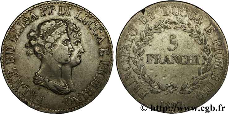 ITALIA - LUCCA E PIOMBINO 5 Franchi Elise et Félix Baciocchi, Principauté de Lucques et Piombino 1807 Florence q.BB 