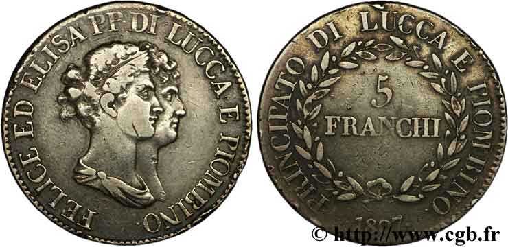 ITALIE - LUCQUES ET PIOMBINO 5 Franchi Elise et Félix Baciocchi, Principauté de Lucques et Piombino 1807 Florence TB+ 
