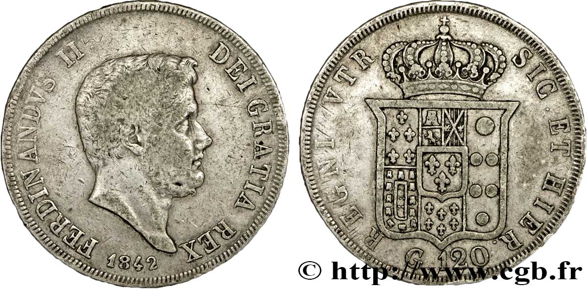 ITALY - KINGDOM OF THE TWO SICILIES 120 Grana Royaume des Deux-Siciles, Ferdinand II / écu couronné 1842 Naples VF 