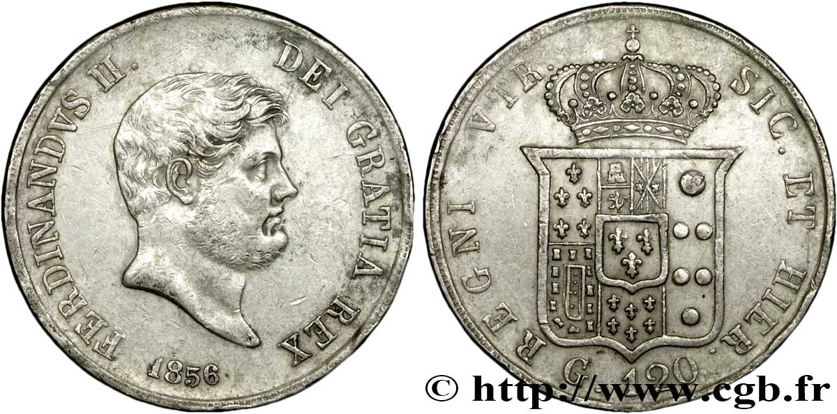ITALIA - REINO DE LAS DOS SICILIAS 120 Grana Ferdinand II, roi de Naples et Sicile 1856 Naples MBC+ 