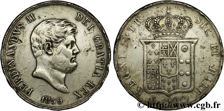 ITALIA - REINO DE LAS DOS SICILIAS 120 Grana Ferdinand II, roi de Naples et Sicile 1859 Naples BC+ 