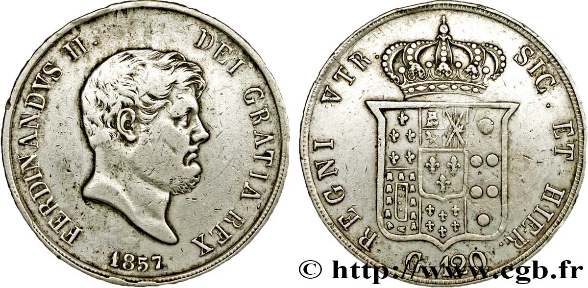 ITALIA - REINO DE LAS DOS SICILIAS 120 Grana Ferdinand II, roi de Naples et Sicile 1857 Naples BC+ 