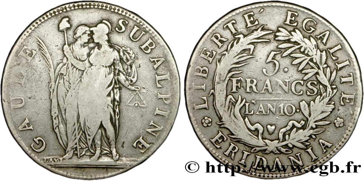 ITALIEN - SUBALPINISCHE REPUBLIK 5 Francs Gaule Subalpine figures allégoriques de la Gaule Subalpine et de la France 1801 an 10 Turin S 