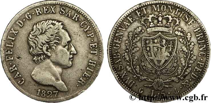 ITALIA - REINO DE CERDEÑA 5 Lire Charles Félix, roi de Sardaigne 1827 Gênes BC+ 