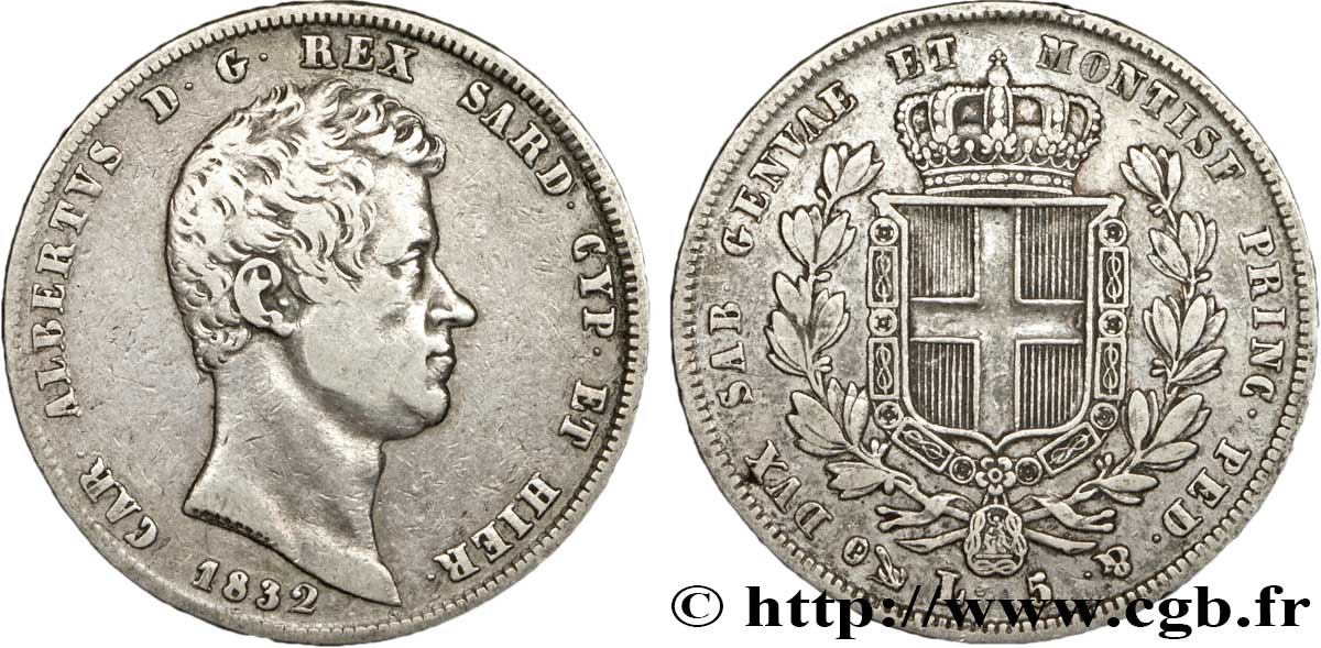 ITALIA - REGNO DE SARDINIA 5 Lire Charles Albert, roi de Sardaigne 1832 Gênes q.BB 