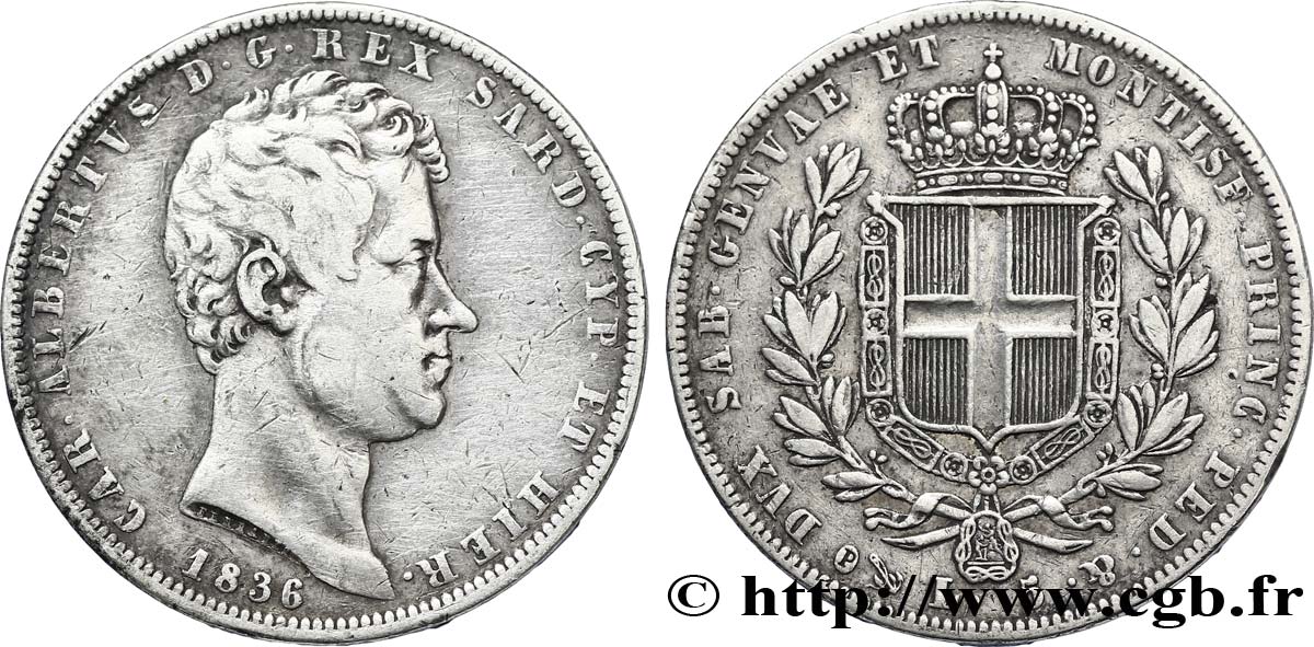 ITALY - KINGDOM OF SARDINIA 5 Lire Charles Albert 1836 Gênes VF 
