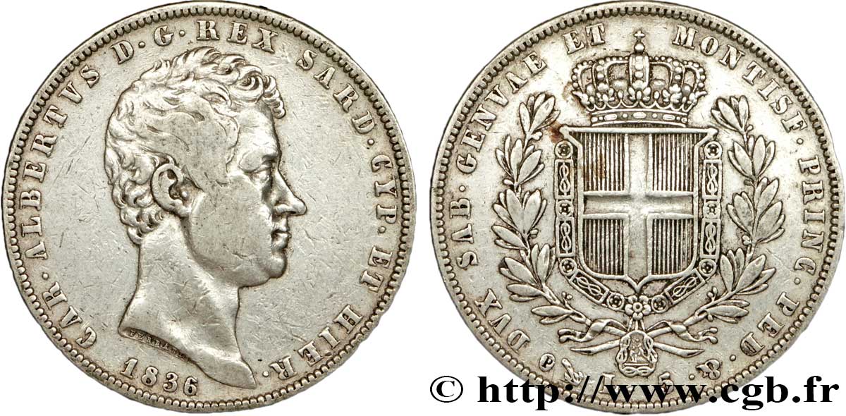 ITALIEN - KÖNIGREICH SARDINIEN 5 Lire Charles Albert 1836 Gênes fSS 