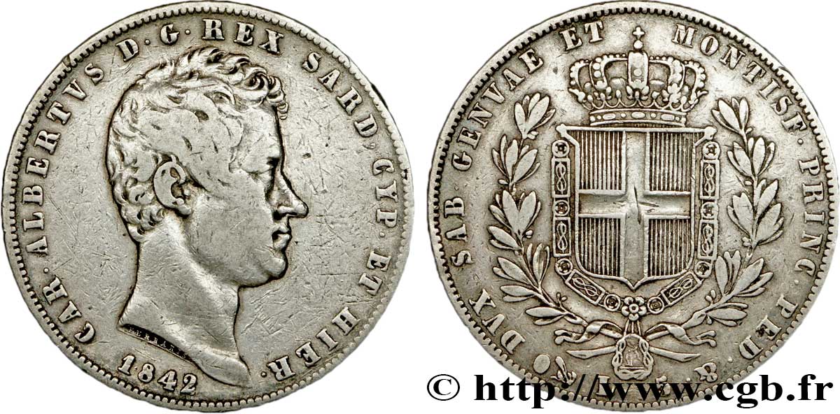 ITALIEN - KÖNIGREICH SARDINIEN 5 Lire Charles Albert, roi de Sardaigne 1842 Gênes fSS 