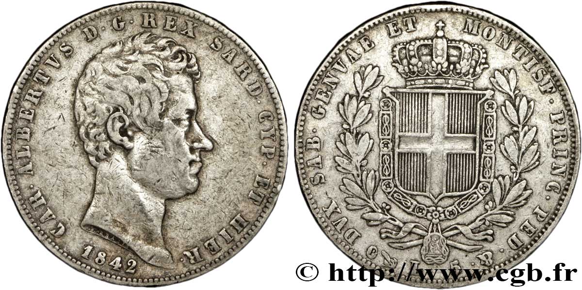 ITALIA - REGNO DE SARDINIA 5 Lire Charles Albert, roi de Sardaigne 1842 Gênes q.BB 