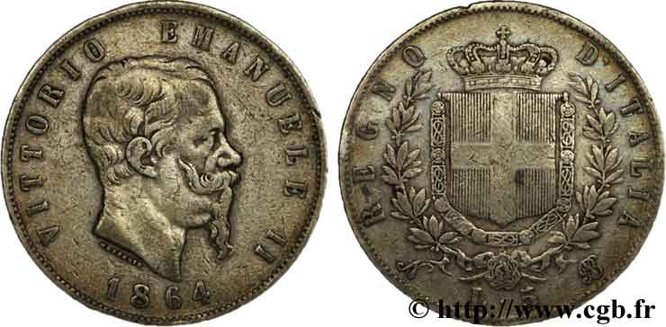 ITALY 5 Lire Victor Emmanuel II 1864 Naples - N VF 