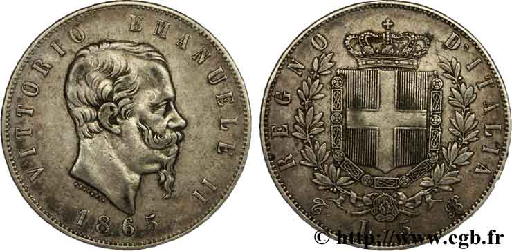 ITALIA 5 Lire Victor Emmanuel II, roi d’Italie 1865 Turin - T BB 