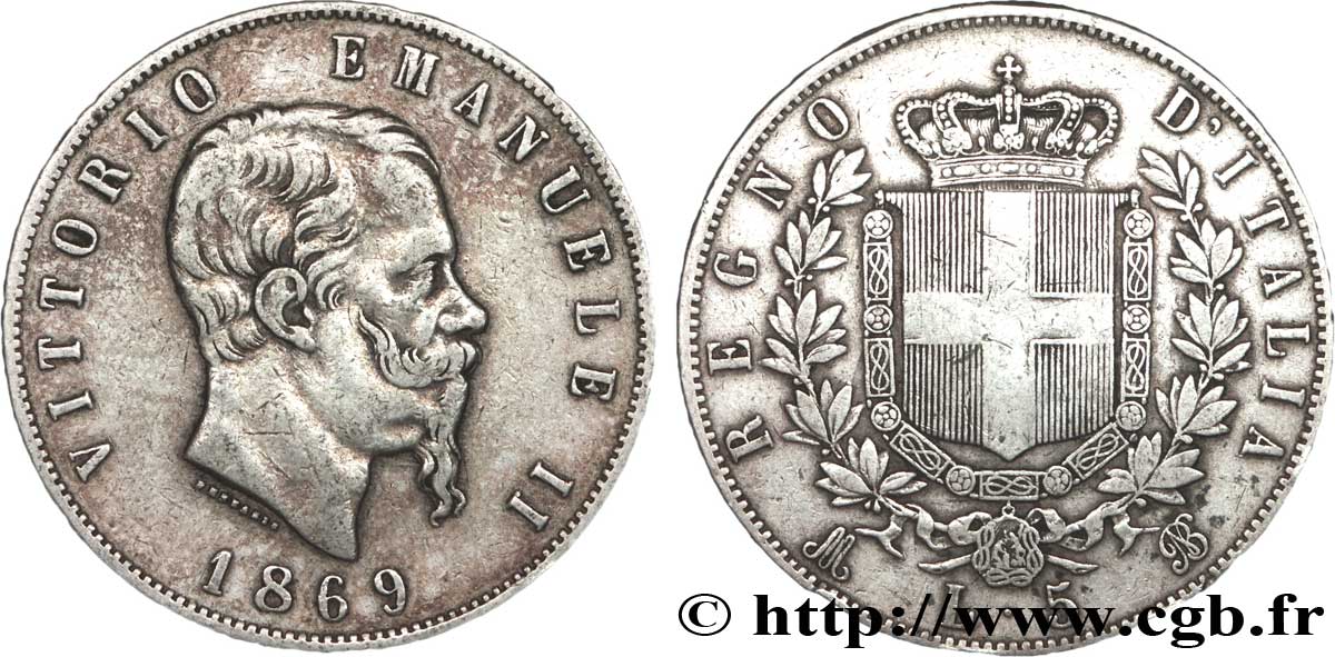 ITALIA 5 Lire Victor Emmanuel II 1869 Milan BB 