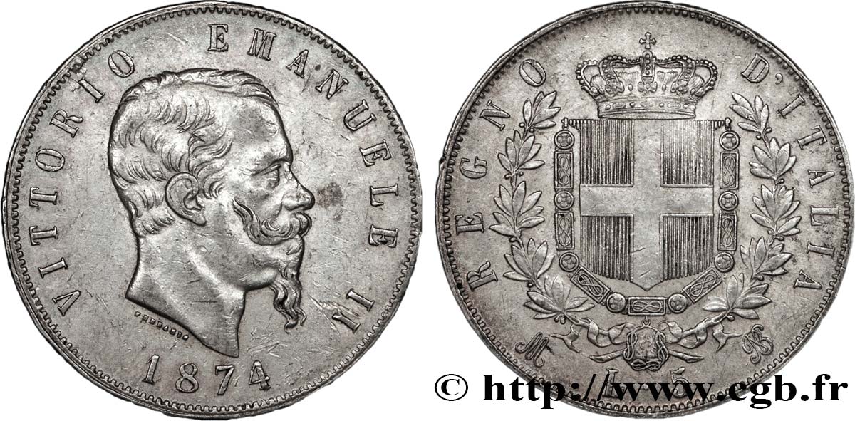 ITALIA 5 Lire Victor Emmanuel II 1874 Milan BB 