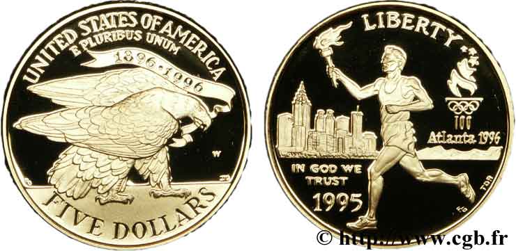 ÉTATS-UNIS D AMÉRIQUE 5 Dollars BE (PROOF) Jeux olympiques d’ Atlanta 1996, aigle / coureur à la torche 1995 West Point - W FDC 