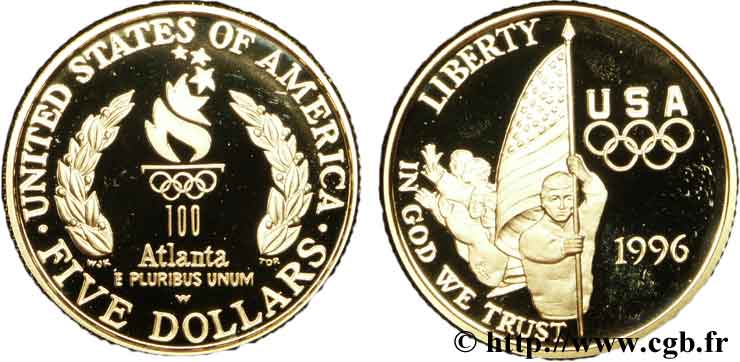 ESTADOS UNIDOS DE AMÉRICA 5 Dollars BE (PROOF) Jeux olympiques d’Atlanta 1996, torche olympique / porteur du drapeau étatsunien 1996 West Point - W FDC 