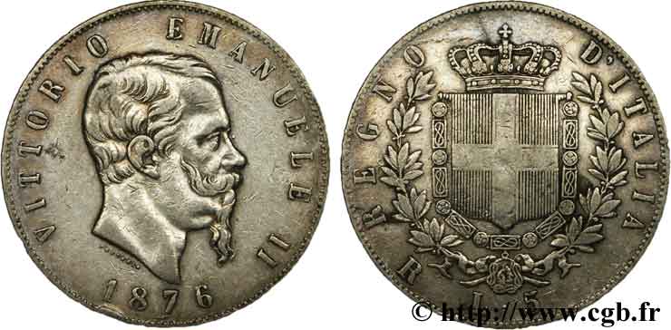 ITALY 5 Lire Victor Emmanuel II 1876 Rome VF 