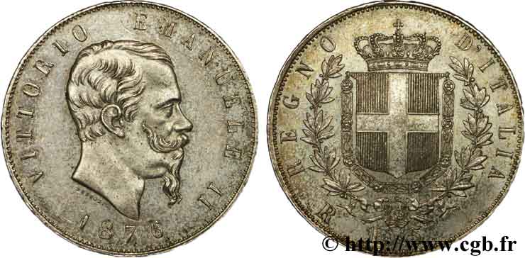 ITALIA 5 Lire Victor Emmanuel II 1876 Rome SPL 
