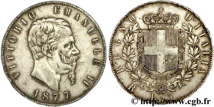 ITALY 5 Lire Victor Emmanuel II 1877 Rome VF 