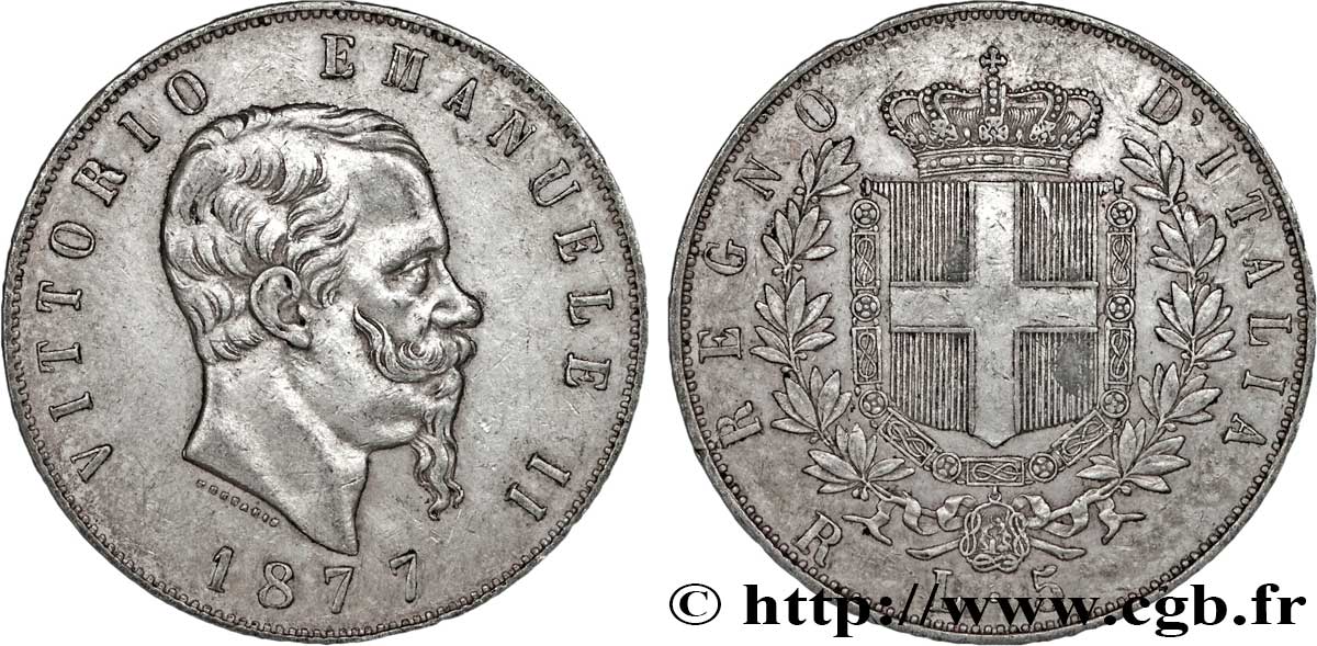 ITALIA 5 Lire Victor Emmanuel II 1877 Rome BB 