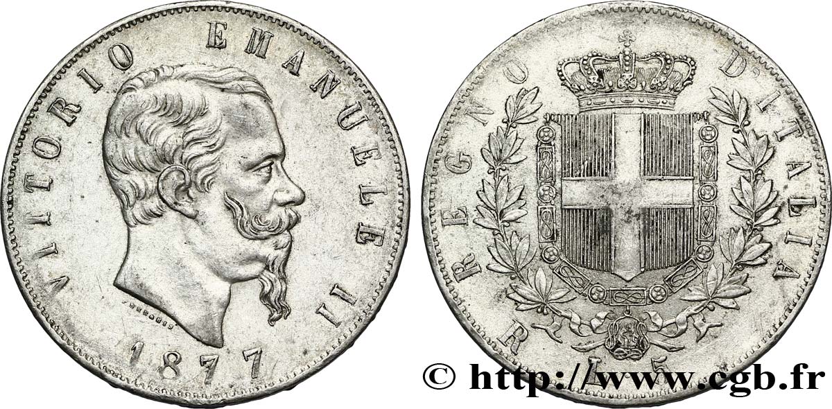 ITALIA 5 Lire Victor Emmanuel II 1877 Rome SPL 