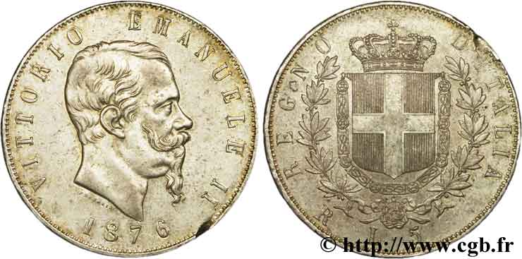 ITALIE 5 Lire Victor Emmanuel II 1876 Rome TTB+ 