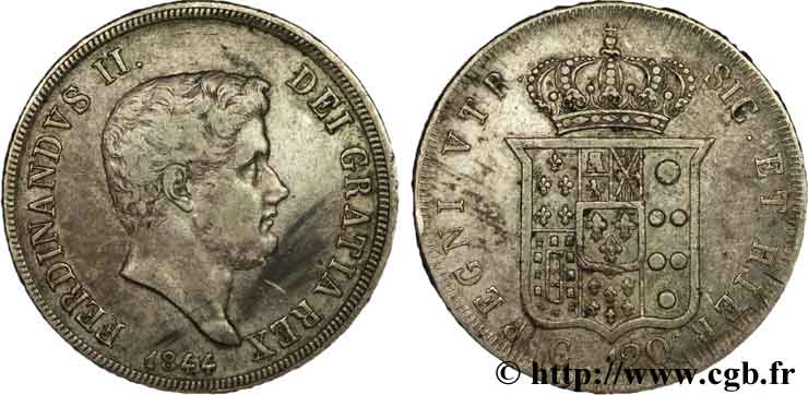 ITALIA - REINO DE LAS DOS SICILIAS 120 Grana Royaume des Deux-Siciles, Ferdinand II / écu couronné 1844 Naples BC+ 
